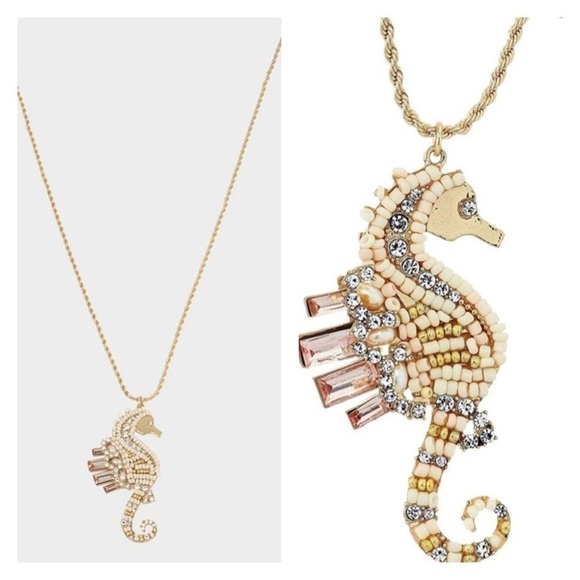 Betsy Johnson Pearl Rhinestone SeaHorse Necklace - Picture 1 of 5